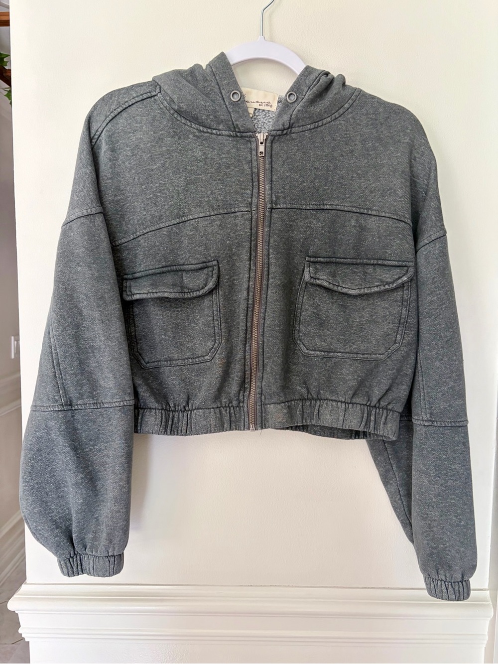 Vintage Havana Gray Washed Cropped Zip Hoodie Utility Jacket Size M